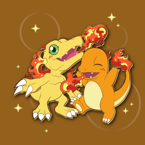 Friendly Fire! Charmander & Agumon : Digimon-Pokemon Friendship Enamel Pin