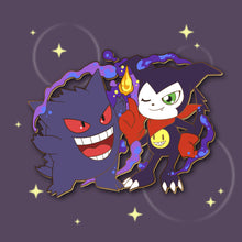 Load image into Gallery viewer, Mischievous Devils! Gengar &amp; Impmon : Digimon-Pokemon Friendship Enamel Pin