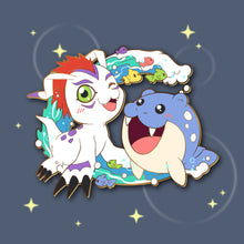 Load image into Gallery viewer, Surfing Fishes! Spheal &amp; Gomamon : Digimon-Pokemon Friendship Enamel Pin