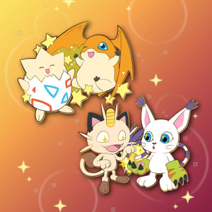 Bedazzled Cats! Meowth & Gatomon : Digimon-Pokemon Friendship Enamel Pin