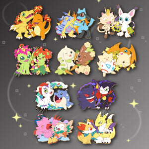 Bedazzled Cats! Meowth & Gatomon : Digimon-Pokemon Friendship Enamel Pin